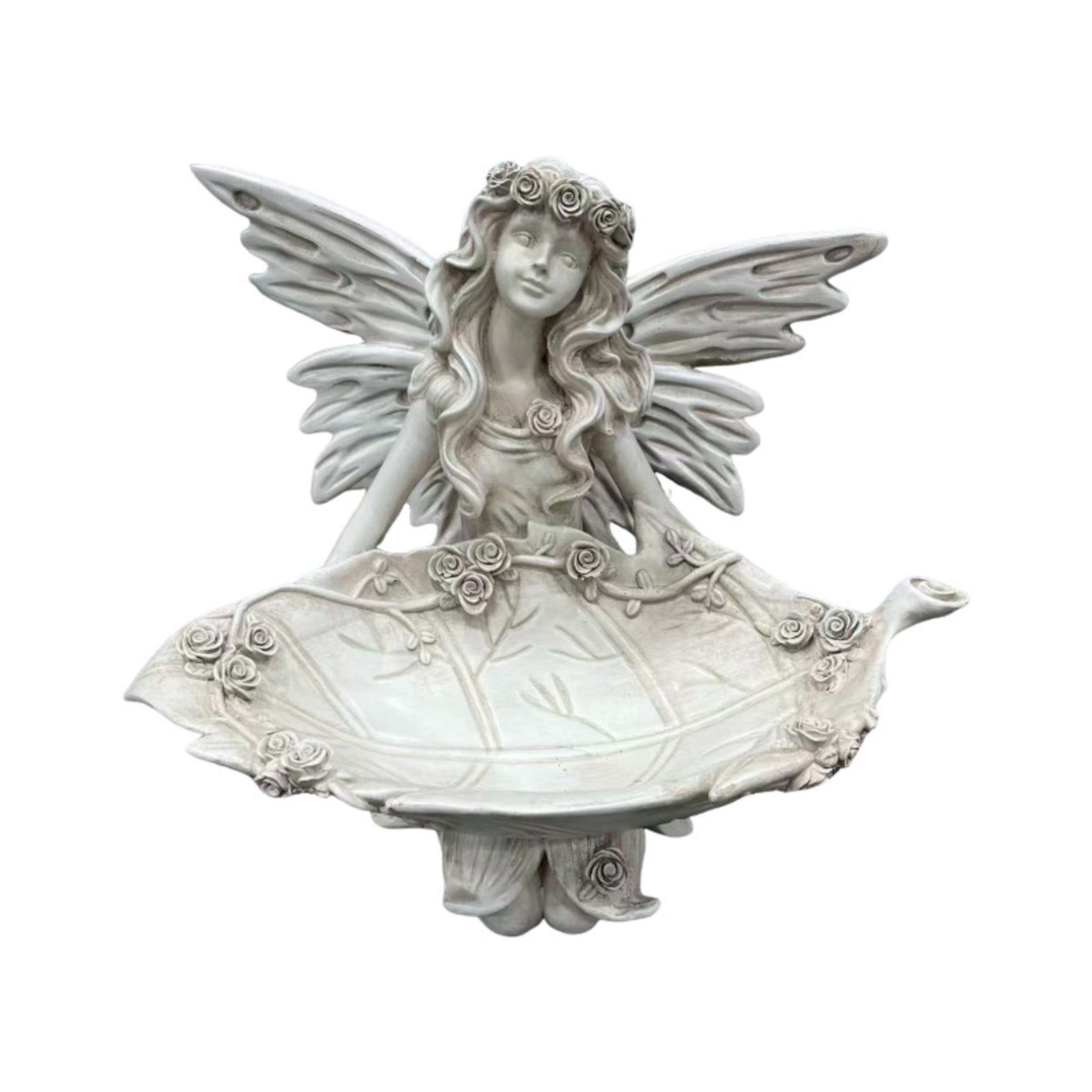 GDF Studio Fairy Angel Garden Statue with Leaf Tray, Vintage Off-White Resin Sculpture Figurine, Outdoor Yard Lawn Decor