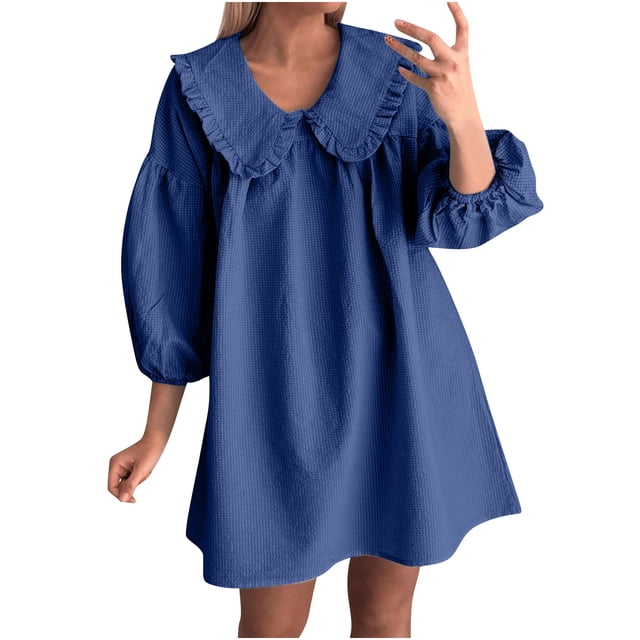 Liquidation d'Été 2025! Robe Grande Taille pour Femmes, Liquidation de Robe d'Été pour Femmes, Mini Robe à Manches Bouffantes 3/4 à Carreaux Col à Revers pour Poupée Robe Ample