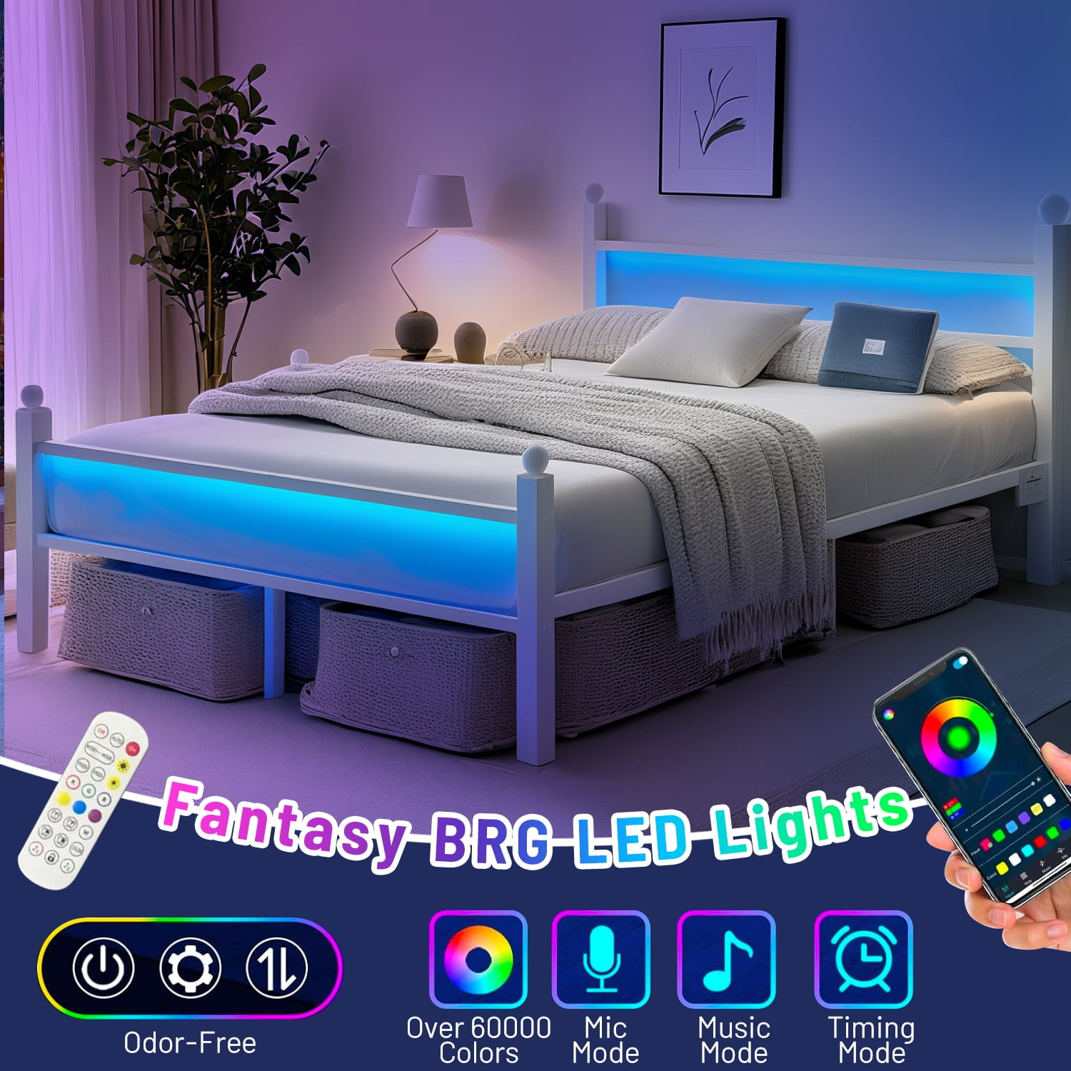 Chuangshuo Guard Queen Size Bed Frame with LED Storage Headboard Shelf , Metal Platform Bed, Noise-Free, White