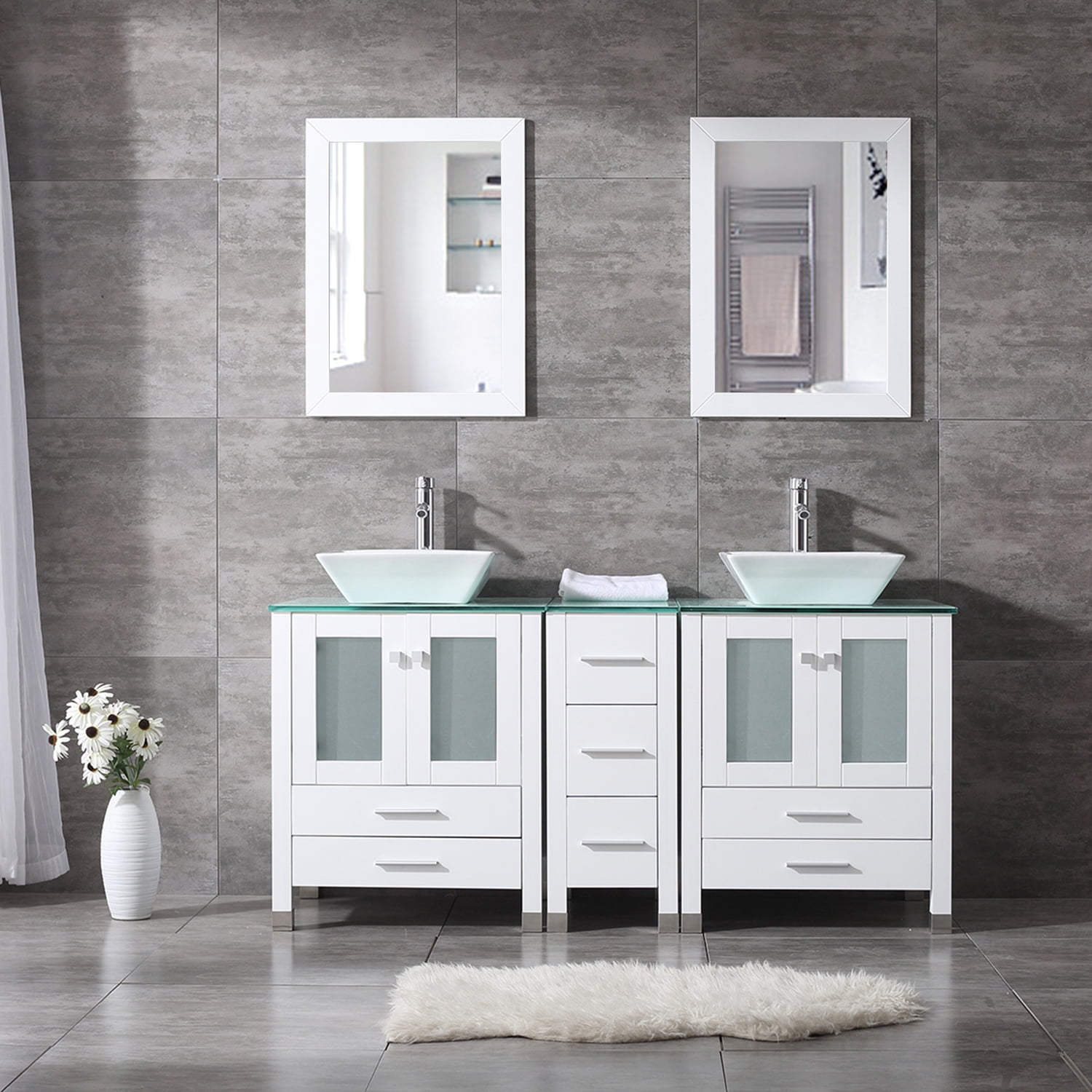 Wonline 60'' Double Bathroom Vanity Combo Set Double Porcelain Vessel ...