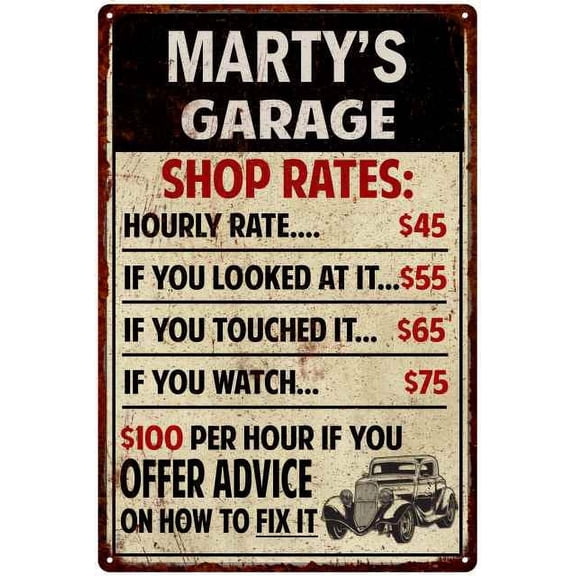 MARTY'S Garage Shop Rates Sign Man Cave Decor Gift 8x12 Metal 108120010424