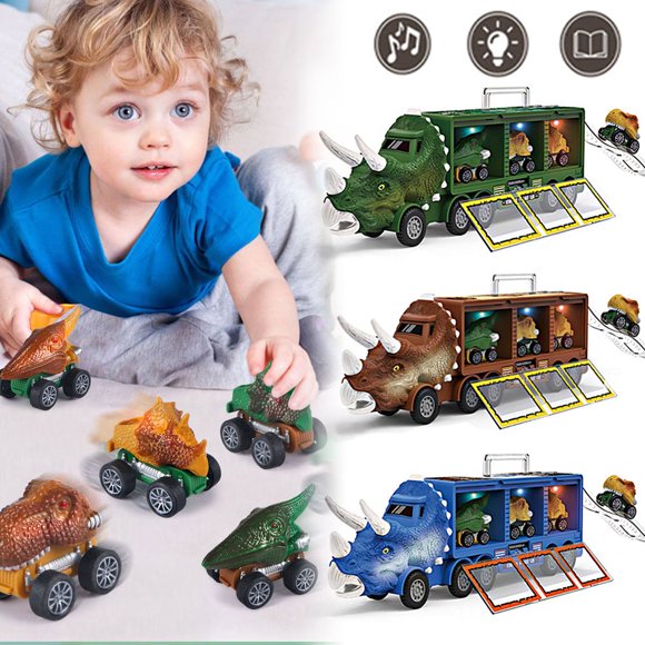 MesaSe Dinosaur Truck Carrier for 1 2 3 4 5 6 Year Old Boys Dinosaur Transport Truck Pull Back Dino Car Vehicle with Lighting Music Pull Back Dinosaur Car Transporter Toy with Cars Laun