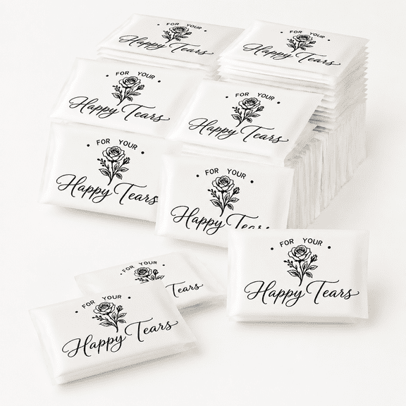 100-Pack Wedding Tissue Favors with "For Your Happy Tears" Design, 3-Ply Pocket Tissues for Bridal Showers, Anniversaries & Special Events