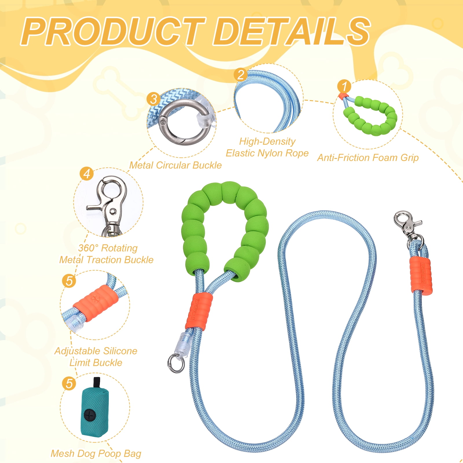 Uxcell Dog Leash with Padded Hands Free, 6.6ft/2m Adjustable Bungee Dog Training Leash, No Pull Heavy Duty Rope(Blue, Blue Bag), Intended for Large Medium Pet Running/Hiking/Walking