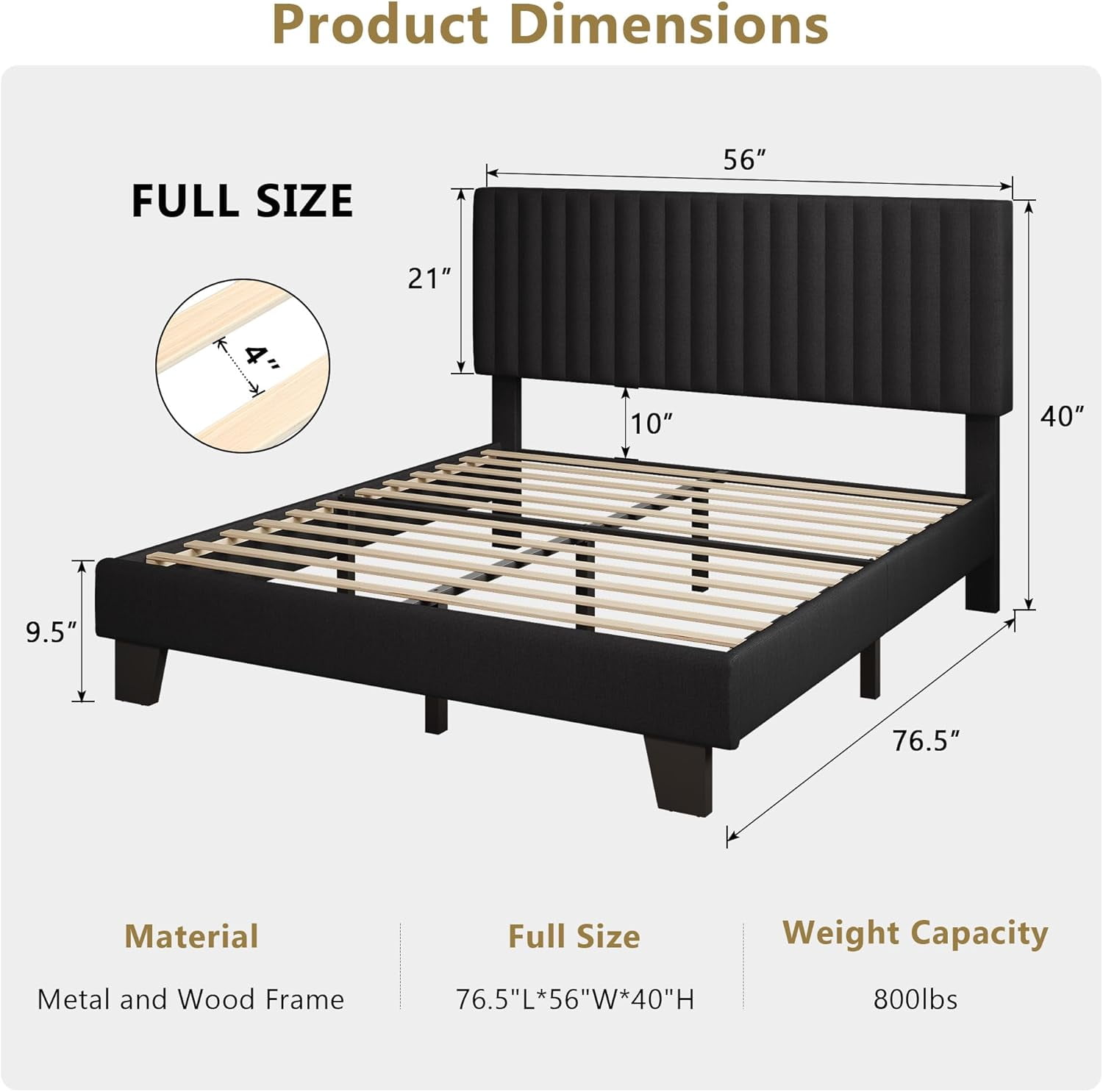 Honfach Full Size Bed Frame, Upholstered Platform Bed with Velvet Headboard, Wide Bed Legs and Strong Wood Slats Support,Black