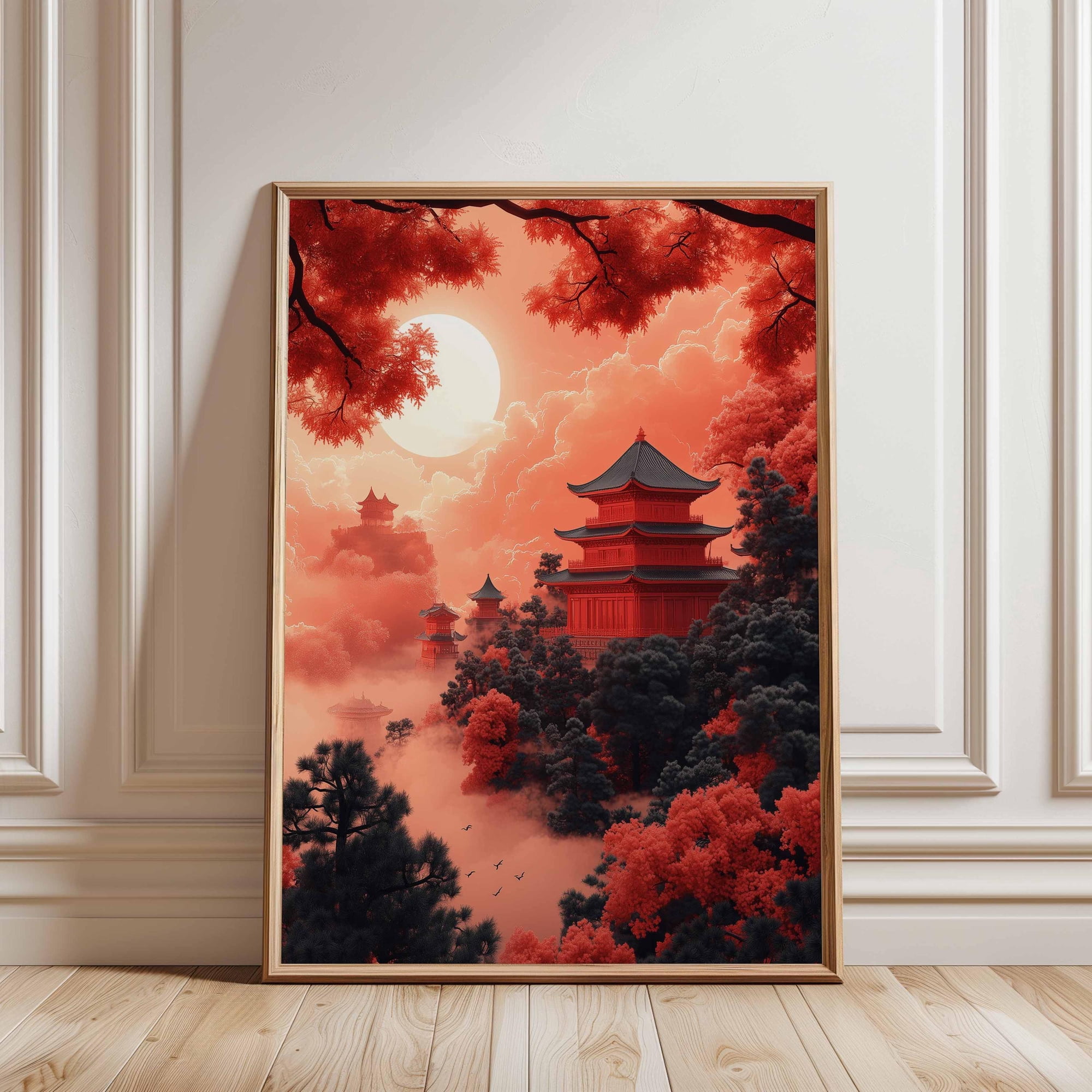 Red Japanese Temple Poster Asian Landscape Wall Art Pagoda Sun Misty Mountains Dramatic Oriental Print Vertical Decor Japanese ink style