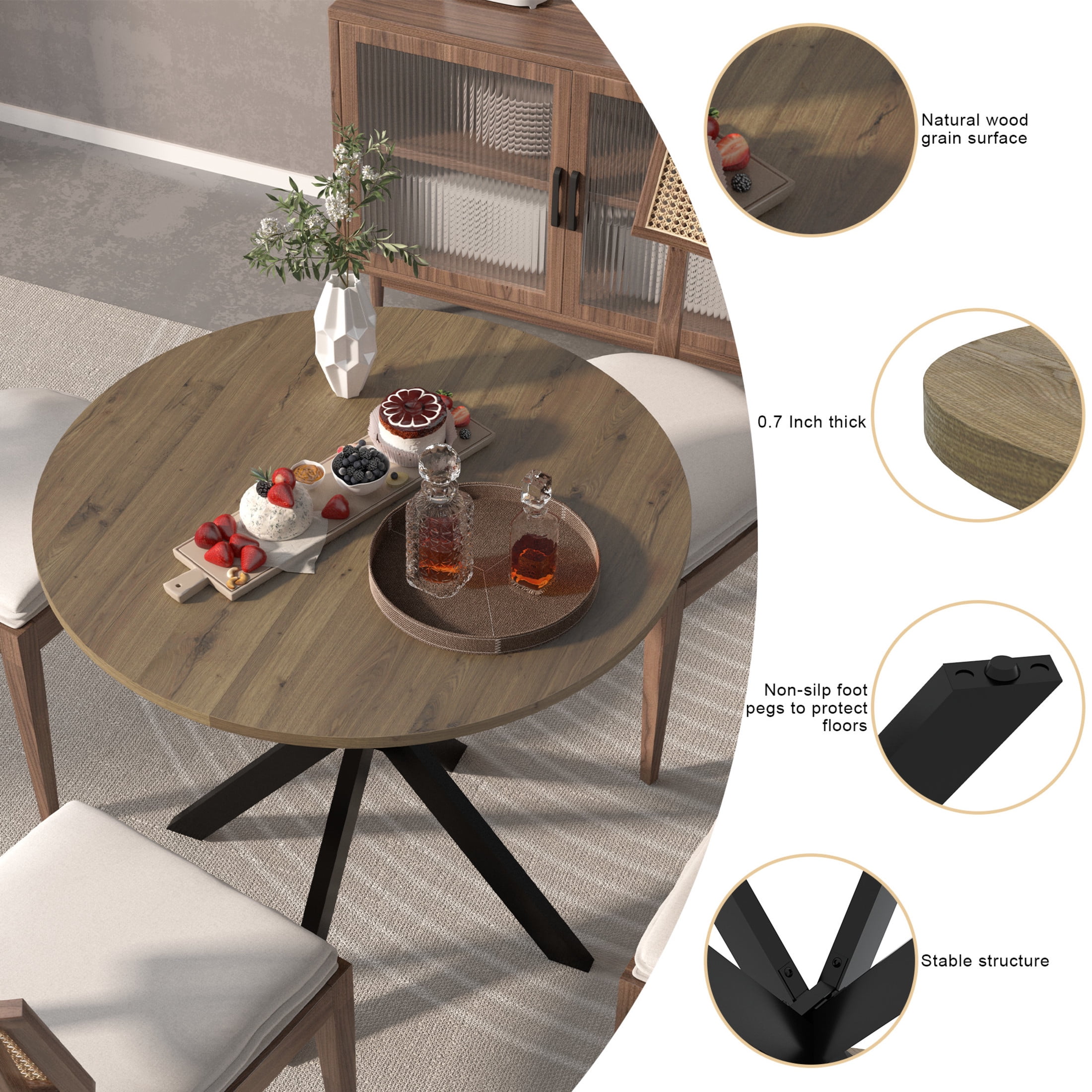 Noble House Prevale 31.5" Round Dining Table for 2–4, Small Modern Wooden Kitchen Table with Black Metal Legs, Brown