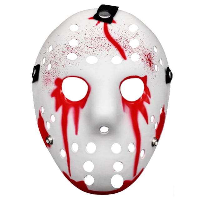 máscara jason voorhees jasonbloody 1pza 18x25x5cm plástico pvc blanco jason voorhees — frontal, máscara blanca estilo hockey con orificios redondos, pintura roja en forma de salpicaduras y chorreados alrededor de los ojos y frente, broches metálicos y banda elástica visibles; dimensiones 18x25x5 cm, material PVC; adecuada para disfraces de Halloween y eventos de fiesta.