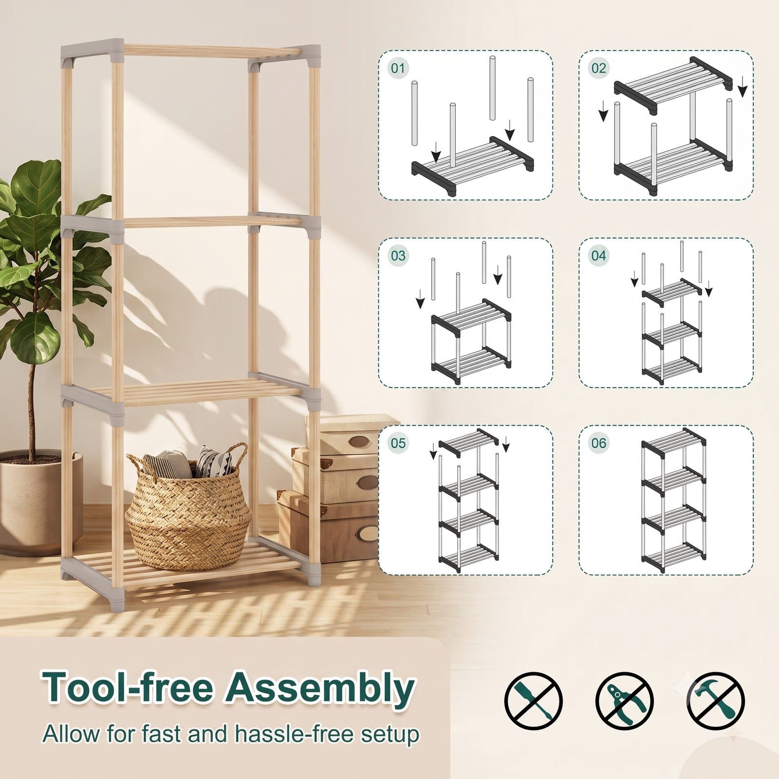 Furnibear 4-Tier Bookshelf Open Wood Bookcase Storage Shelf Organizer for Home Office Living Room Bathroom, Natural and Gray