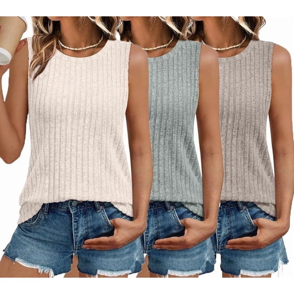 SUNBS 3 Packs Loose Fit Tank Tops for Women Ribbed Knit Casual Crewneck Sleeveless Shirts