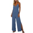 thumbnail image 6 of Jinhomg Women's Deep V Neck Cami Jumpsuit Side Slit Wide Leg Romper Fashion One Piece Wear Casual Summer Beach Outfits Blue S, 6 of 8