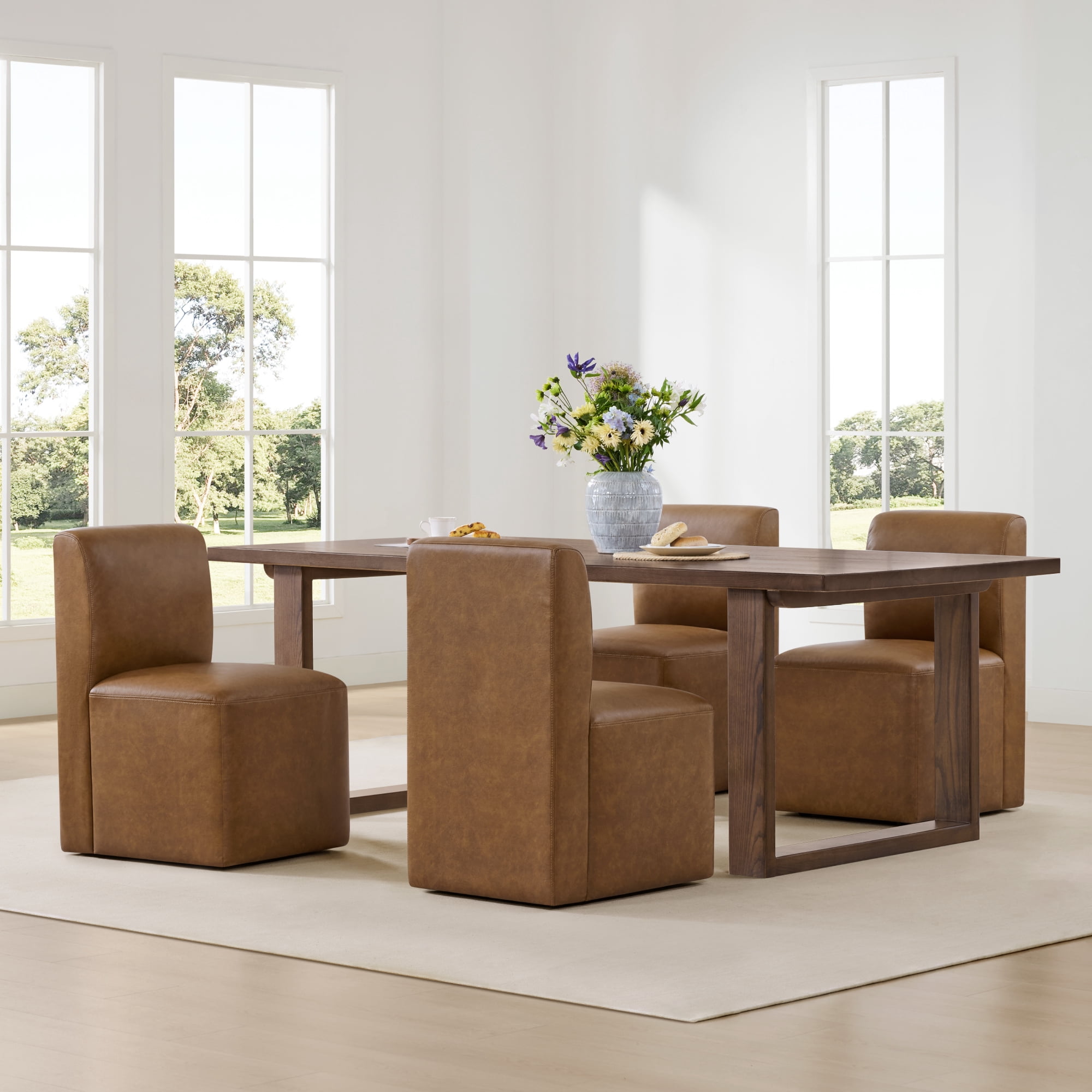 Spruce & Spring Upholstered Dining Chairs with Hidden Casters Set of 2, Brown-Genuine Leather