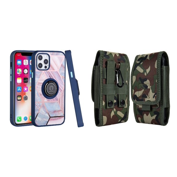 Bemz Ring Series Case for iPhone 14 Plus (TPU Silicone Cover with Magnetic Stand) and Vertical Rugged Nylon Belt Holster Pouch (Blue on Pink Marble/Green Camo)