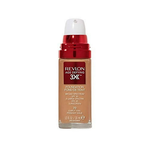 Liquid Foundation by Revlon, Age Defying 3XFace Makeup, Anti-Aging and Firming Formula, SPF 30, Longwear Medium Buildable Coverage with Natural Finish, 070 Early Tan, 1 Fl Oz