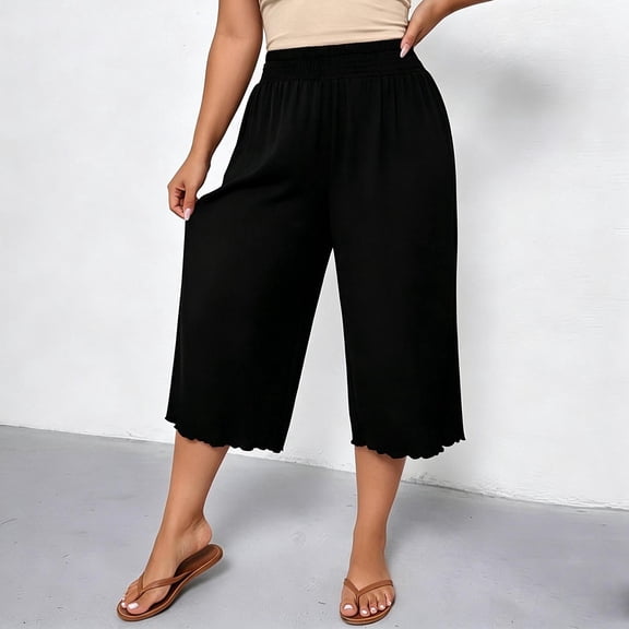 Women's Plus Size Wide Leg Pants with Pockets, Mid Elastic Waist Loose Fit, Solid Color Drawstring, Summer Casual Beach Business, Capri Pants Cropped | VerBelle,Black L