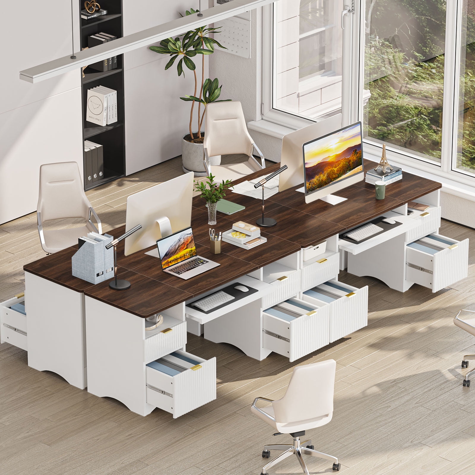 Bestier 59" Home Office Computer Desk with Keyboard Tray and Storage Drawers, Modern Executive Desk for Writing Reading, Walnut and White