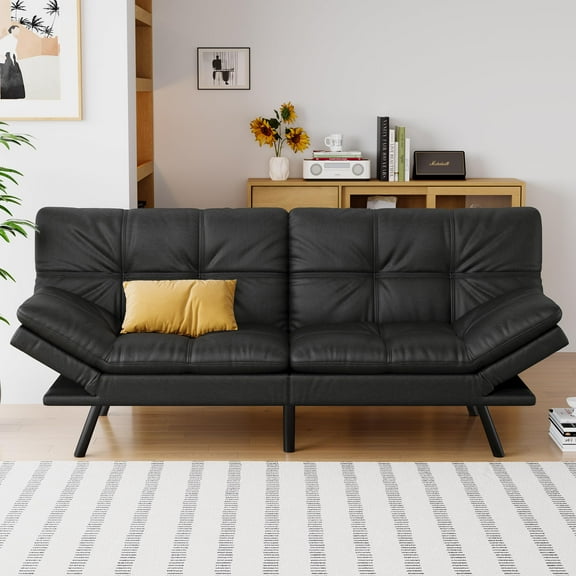 71" Sofa Bed Convertible Couch, Black Faux Leather Sofa Bed with Memory Foam, Adjustable Backrest & Armrests, Multifunctional Small Loveseat Sleeper Sofa for Living Room, Apartment, Office