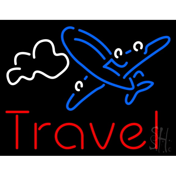 Red Travel Blue Aeroplane LED Neon Sign 15 x 19 - inches, Black Square Cut Acrylic Backing, with Dimmer - Bright and Premium built indoor LED Neon Sign for Décor, Travel agency, Storefront.