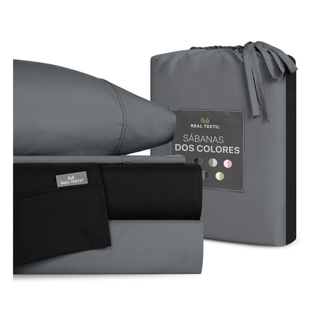 Juego de Sábanas Microfibra, Frescas, Hipoalergénicas, Real Textil (Negro/Gris Oscuro, king Size)