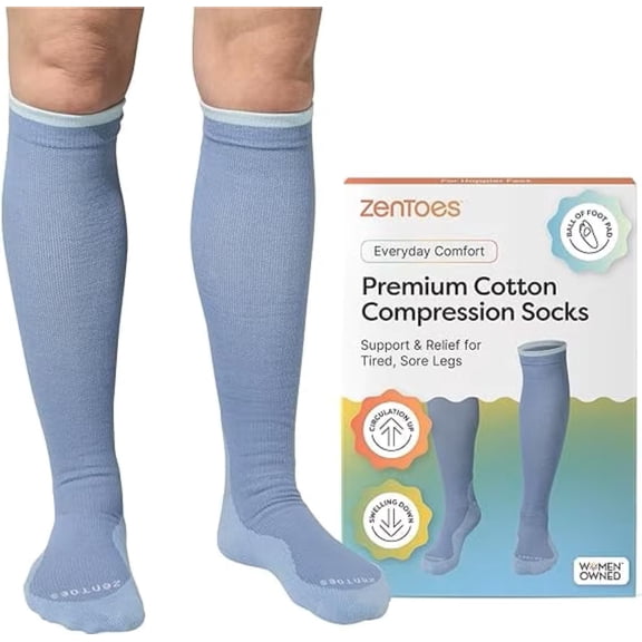 ZenToes Compression Socks for Women & Men, Knee High 15-20mmHg Support Stockings with Ball of Foot Cushion, Frosted Blue, Large, 1 Pair