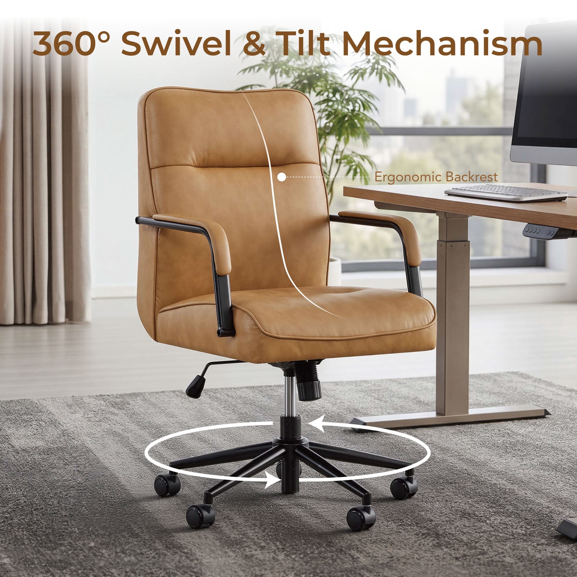 Spruce & Spring Upholstered Swivel Office Chair with Ergonomic High Back, Metal Frame & Upholstered Arms, Saddle Brown Faux Leather