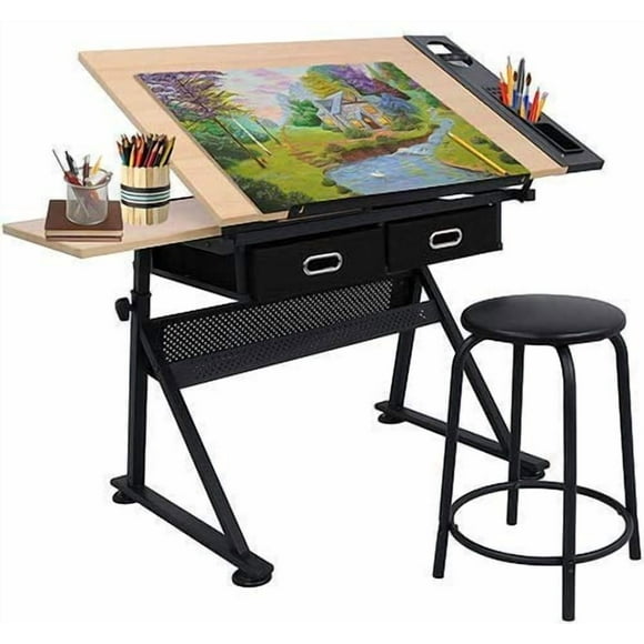 BBBuy MDF Drafting Table Desk Art&Craft Work Station Drawing Desk Height Adjustable Craft Table w/Stool and 3 Storage Drawers for Home Office School Study Room