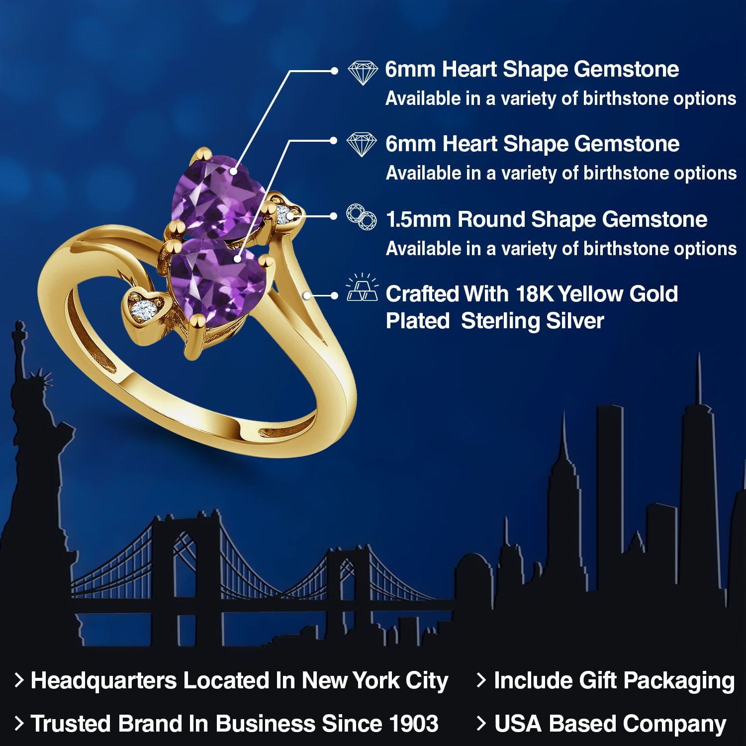 Gem Stone King 10K Yellow Gold Purple Amethyst 6MM Heart Shape Engagement Ring for Women | 1.33 Cttw | Gemstone Birthstone (Size 7)
