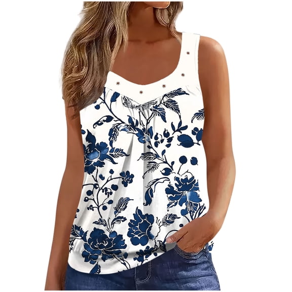VBVC Women's Floral Sleeveless Tank Top,Ladies Hollow-out Stretchy Cami,Summer Casual Blouse For Women,Blue,Size XXL