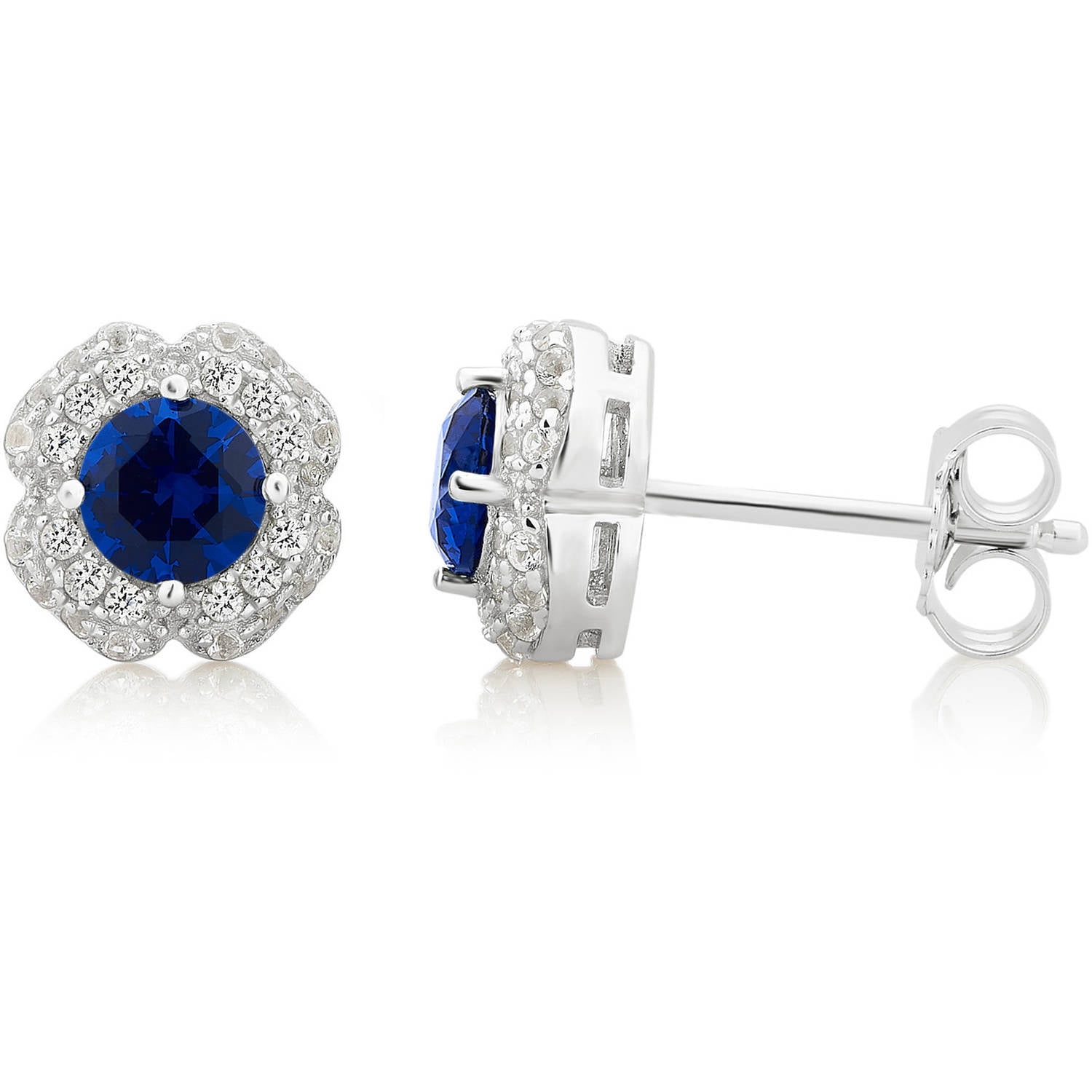 Arista Created Blue and White Sapphire Gemstone White Flower Frame Women's Stud Earring in Sterling Silver
