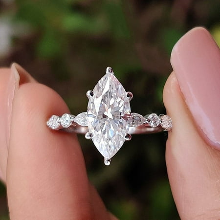 Cora Jewellery 2.75CT Marquise Moissanite Hidden Halo Engagement Ring For Women, 10K White Gold