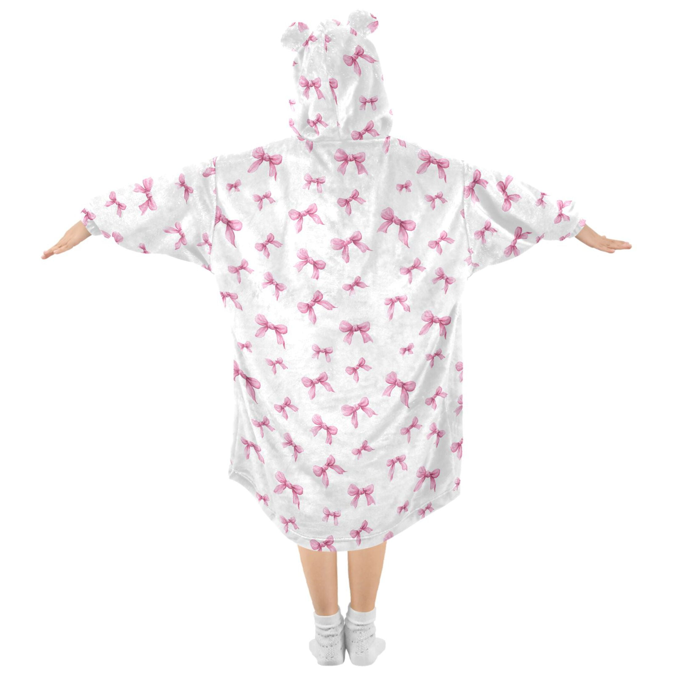 Wearable Blanket Hoodie for Kids Pink Bow Flannel Hooded Blanket with Pockets and Sleeves Suitable for Boys and Girls