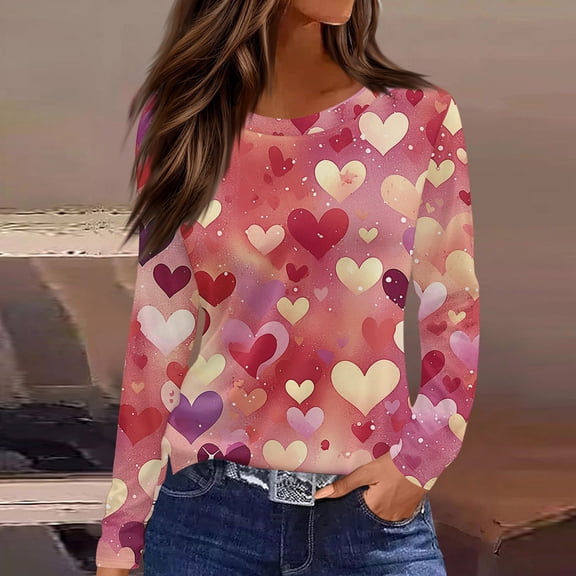Inglocry Valentine Shirts for Women Trendy Cute Heart Printed T Shirt Long Sleeve Valentines Gift Crewneck Shirt Casual Tee Tops Light pink S