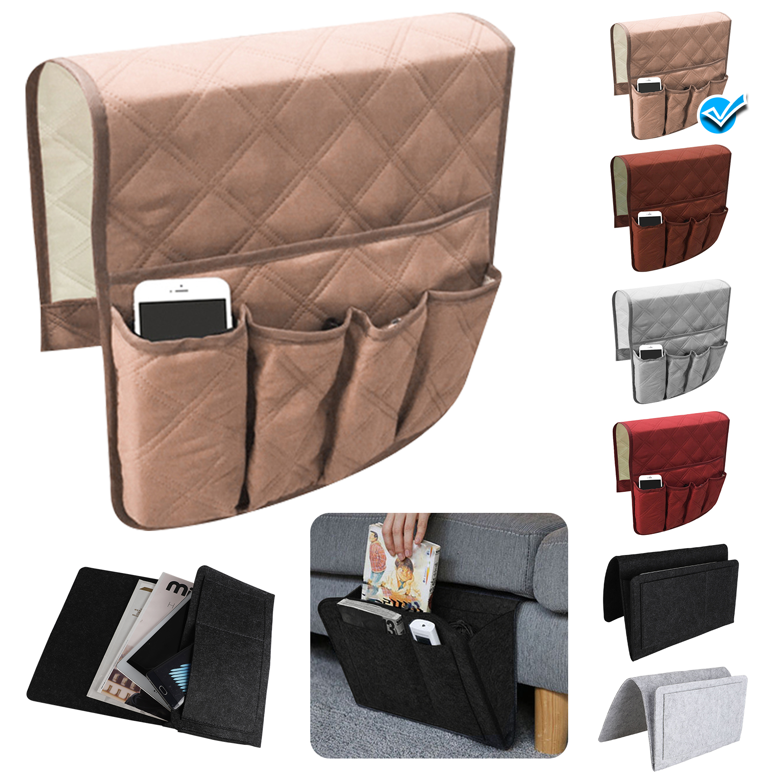 Canvas Chair Beside Storage Bag Space Saver for Phone Remote Control Holder Beige Book Magazines Sofa Armrest Caddy Organizer with 5 Pockets for Couch Armchair Loveseat Glasses