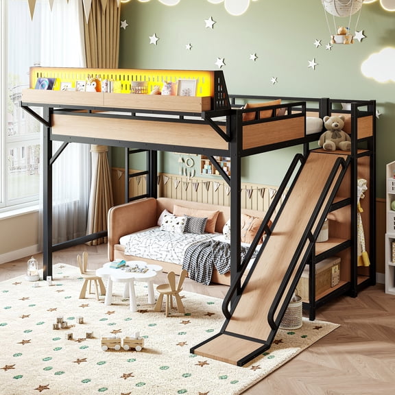 Queen Size Metal Loft Bed with Slide and Storage Shelves, Built-in Wardrobe and USB Ports with LED Lights for Kids, Natural