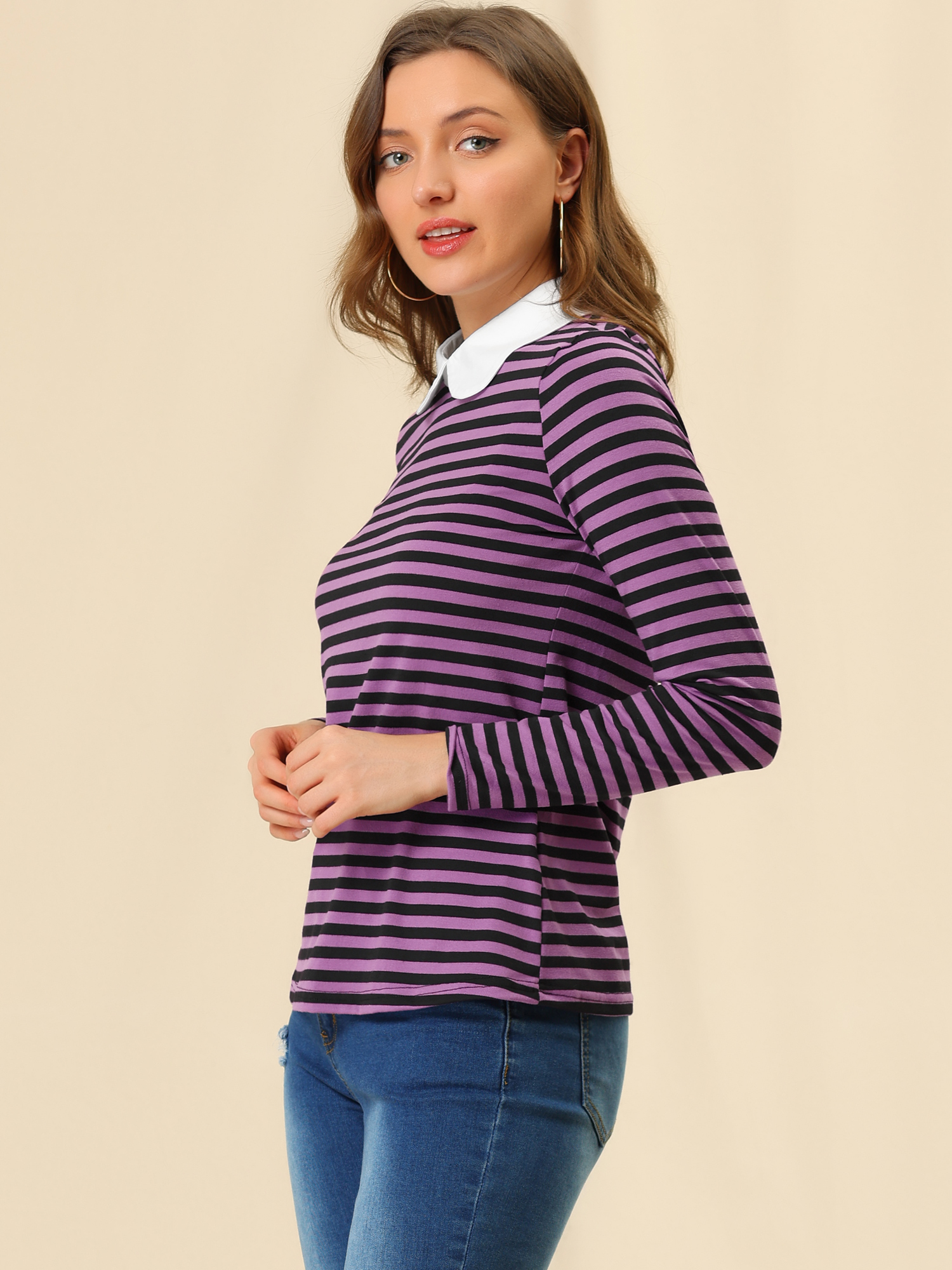 Unique Bargains Women's Long Sleeve Peter Pan Collar Long Sleeve Striped Top M Purple Black