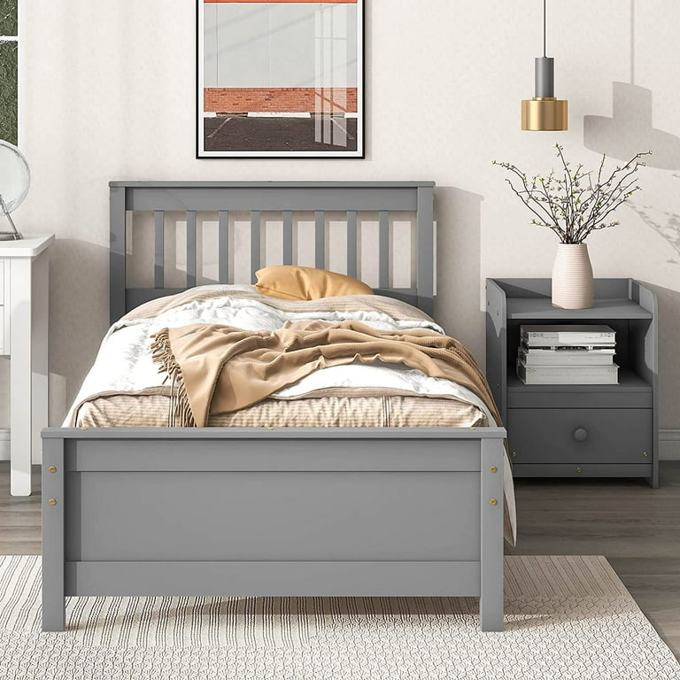 Full Bed Frame with Nightstand Full Size Bed Frame for Kids Teens Adults with Slats Headboard Footboard Wood Full Size Platform Bed for Bedroom Small Living Space No Box Spring Needed Grey