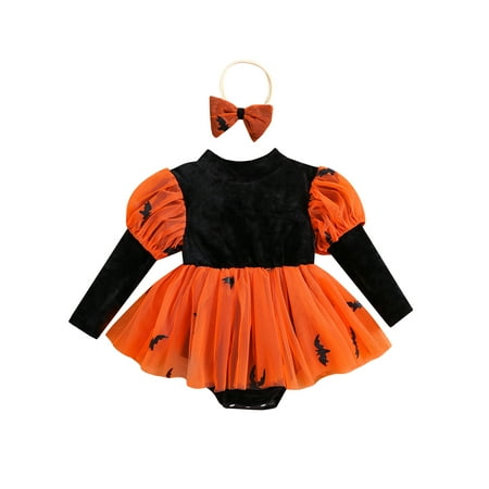 

Mioliknya Baby Girls 2Pcs Halloween Outfits Bat Print Romper Dress with Headband