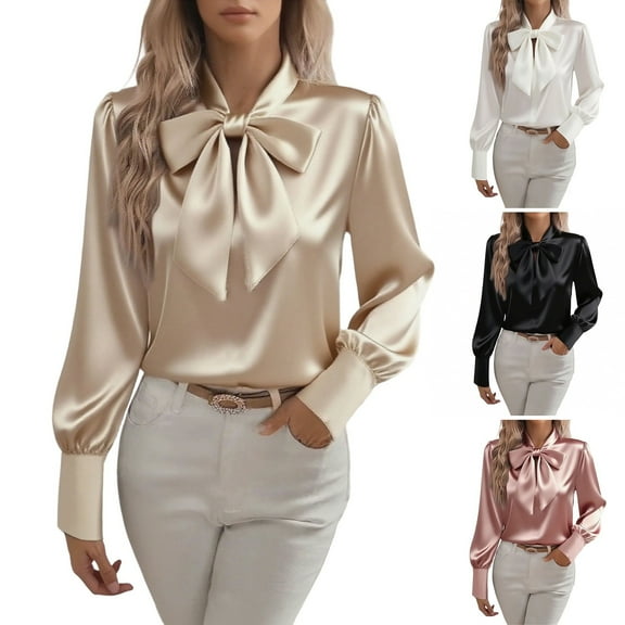 Dazajoo Women's Bow Tie Neck Satin Shirts Long Sleeve Elegant Silk Blouses Solid Color Dressy Casual Business Work Tops,Black,S