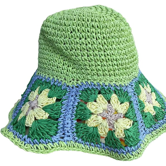 CoCopeaunts Women Straw Bucket Hat Flowers Pure Hand-Woven Crochet Fisherman Hat Beach Summer Breathable Hollow Bucket Cap