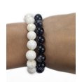 thumbnail image 1 of A set of White shell carved lotus flower round bead Bracelet and Black Agate carved Lotus Flower Round Bead Gemstone Stretch Bracelet – Tibetan Buddhist Shamballa Inspired Mala Bracelet, 1 of 6