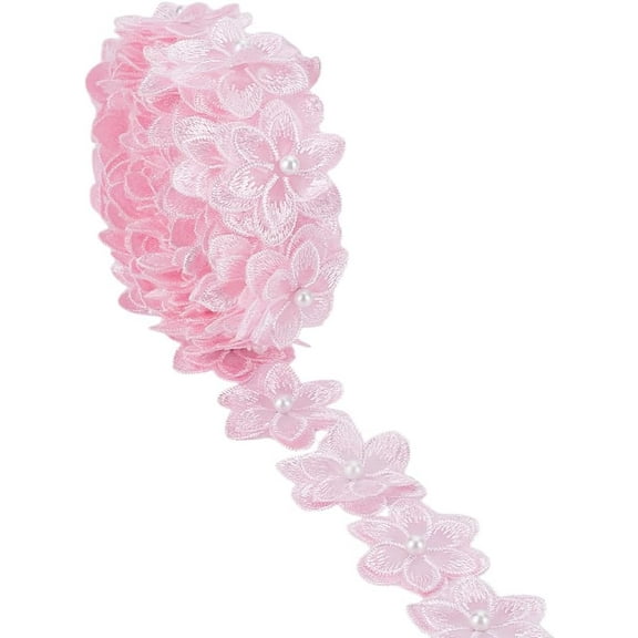 3.66m Pearl Trim Organza Lace Ribbon 4.25cm Wide Pink Organza Flower Trim 3D Embroidered Applique Fabric for Sewing Craft Wedding Bridal Dress Clothes Embellishment