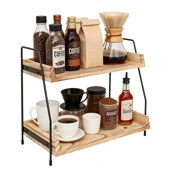 WLGJL Countertop Coffee Station Organizer, 2 Tier Wooden Shelf for Coffee Bar Accessories, Condiment Storage Caddy for Kitchen, Home, Office - Brown