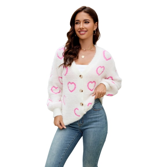 NAYTOAO Women Heart Print Fuzzy Knit Button Down Cardigan, V Neck Long Sleeve Sweater Outerwear, Casual Fall Knit Jacket
