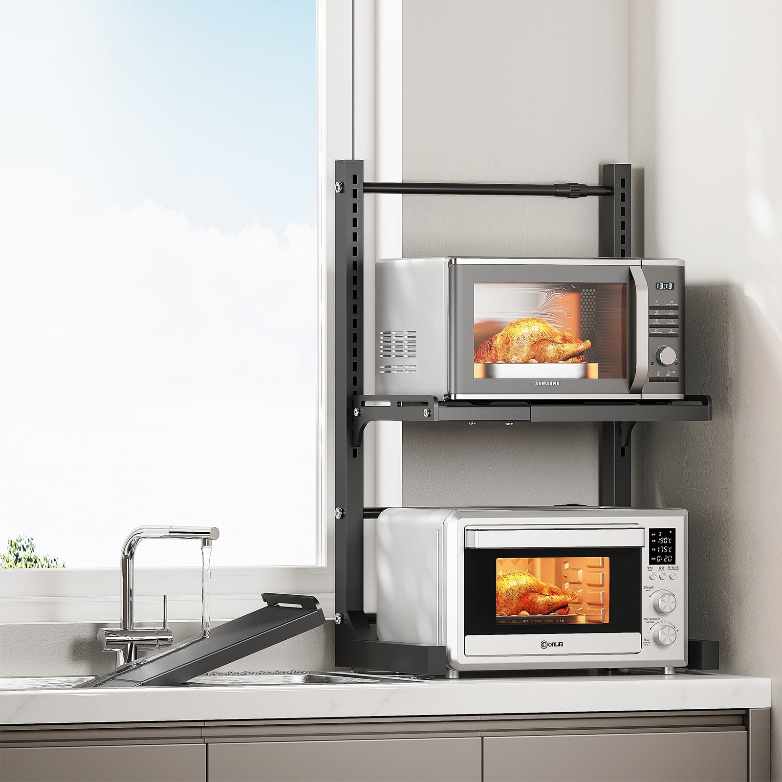 ABCOOL Retractable Adjustable 2 Axial Snap-in Kitchen Baker Microwave Oven Rack, 2 Tier Expandable and Height Adjustable Carbon Steel Shelf Counter Countertop with 3 Clip Hooks, Electric Oven Holder