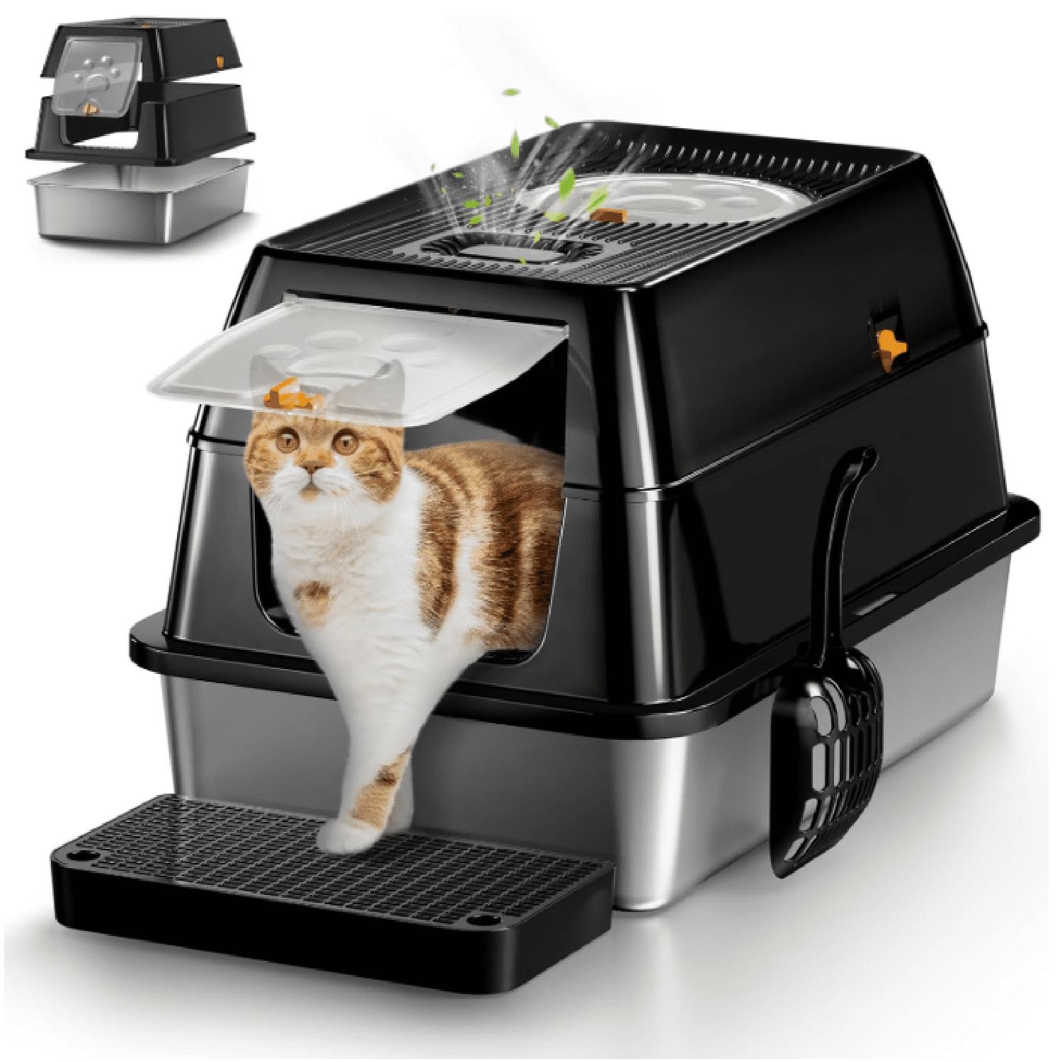 XL Stainless Steel Cat Litter Box with Lid, Extra Large Enclosed Litter Box for Big Cats, High Sided Metal Litter Pan with Removable Lid& Scoop, Odor Free, Easy Cleaning, Anti-Urine Leakage