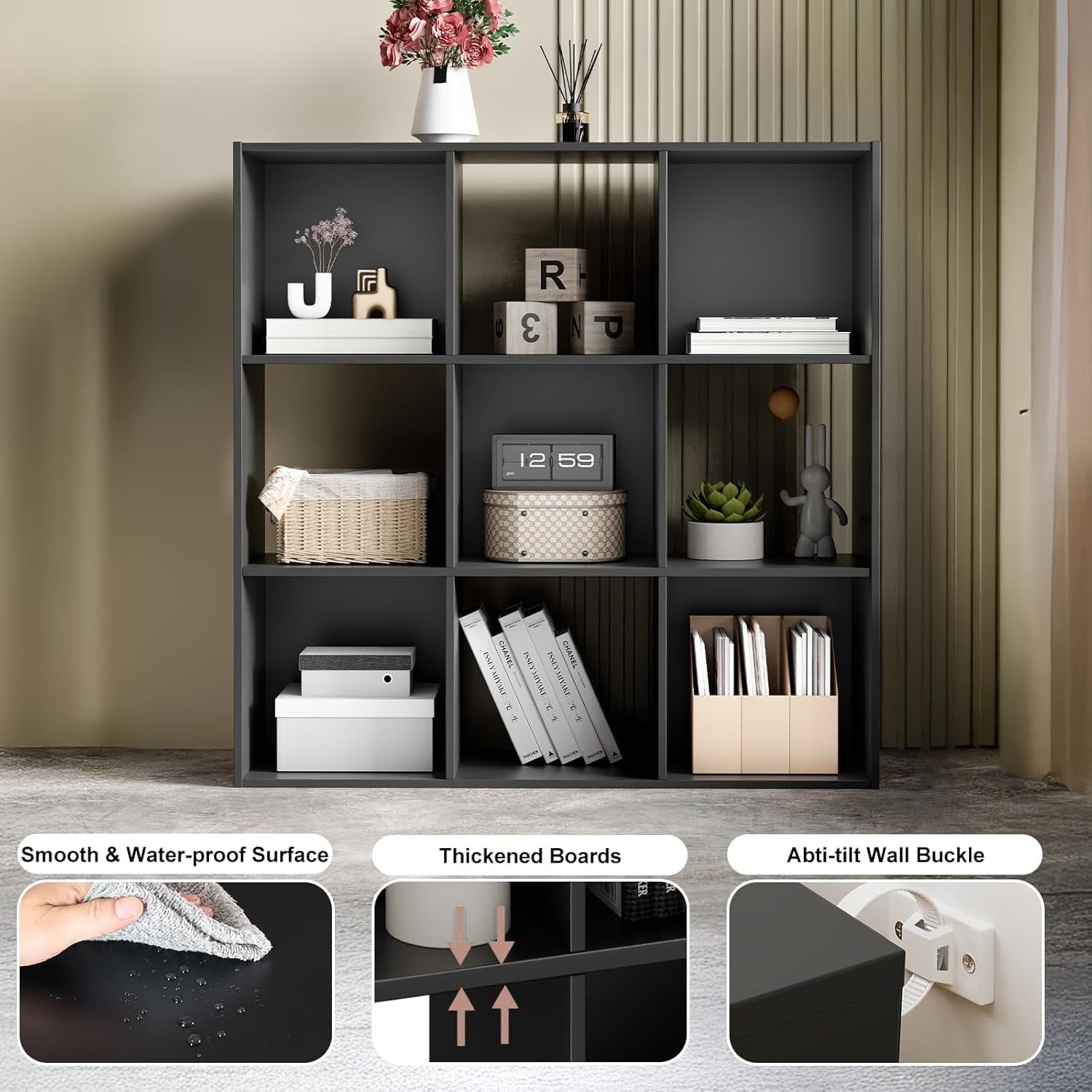 9 Cube Storage Organizer, Open Back Bookshelf with Removable Panels, Vertical or Horizontal Placement, Stackable Bookcase for Living Room, Bedroom, Home Office, Black