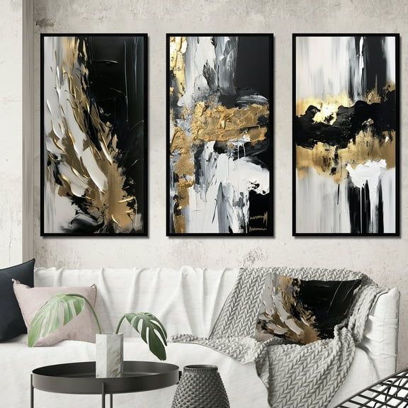 Designart "Organic Bliss Minimalist Abstract in Gold and Black" Abstract Painting Framed Wall Art Set Of 3 - Gold Modern Frame Canvas Set For Living Room Decor