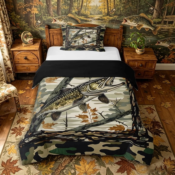 Castle Fairy Camo Frame Pike Fishing Graphic Twin Duvet Cover,Autumn Leaf Wild Game Hunting Layout Twin Bedding,Olive Tan,Black Reversible,2pcs,No Comforter,1 Duvet Cover and 1 Pillowcase
