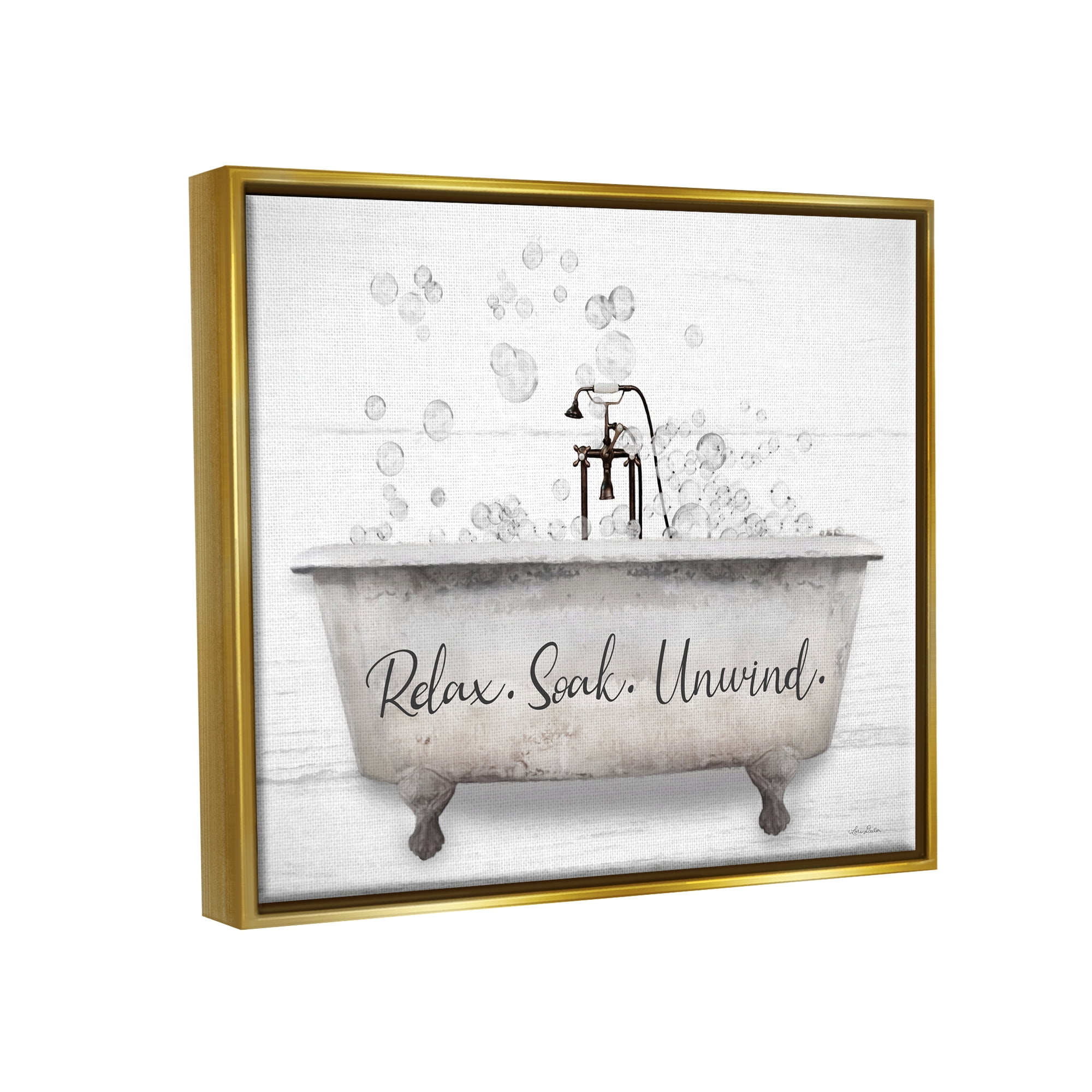 Stupell Relax Soak Unwind Bathtub Bubbles Typography Painting Gold Floater Framed Art Print Wall Art