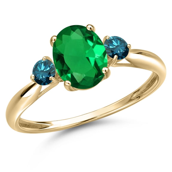 Gem Stone King 10K Yellow Gold Green Nano Emerald and Blue Diamond 3-Stone Ring for Women | 0.95 Cttw | Oval 8X6MM | Gemstone May Birthstone | Size 9